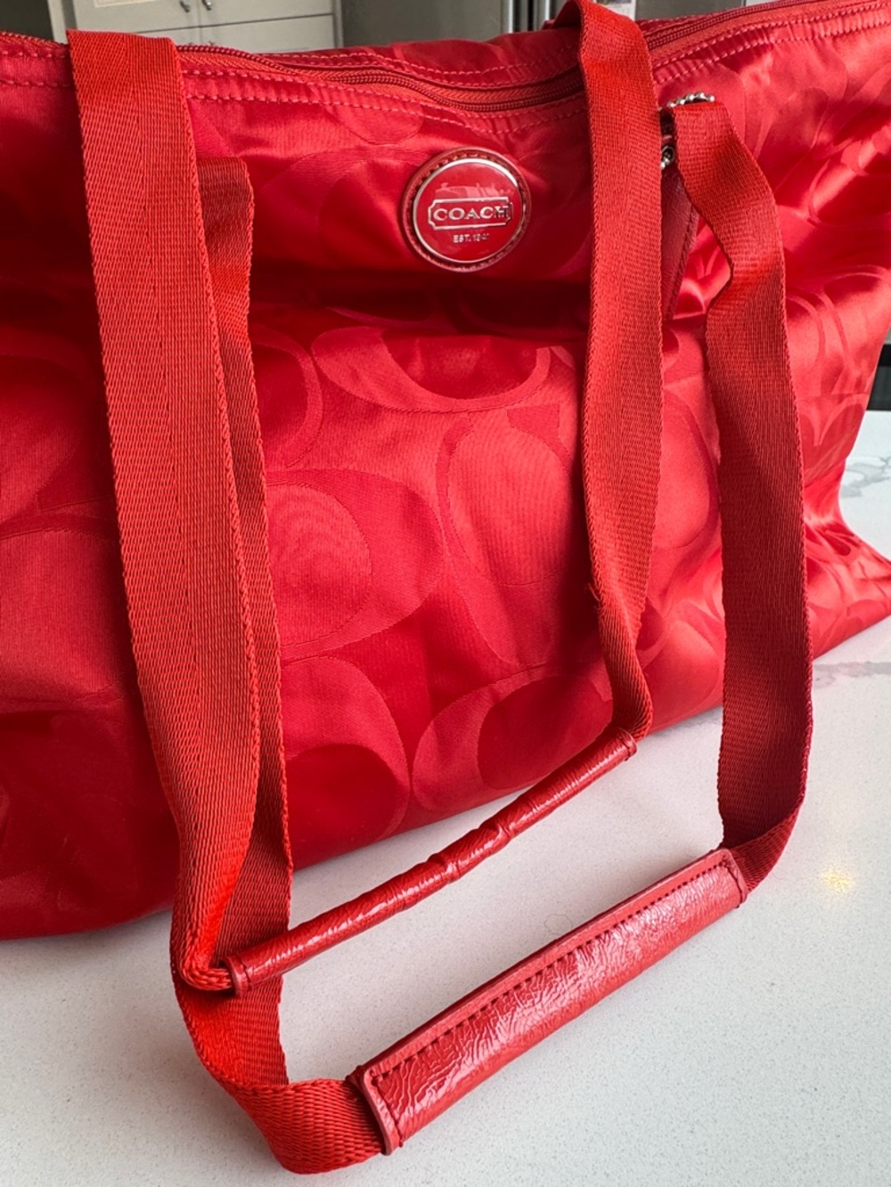 COACH Packable Weekender Tote red/orange overnight 77321 Signature Nylon C bag - Picture 5 of 11